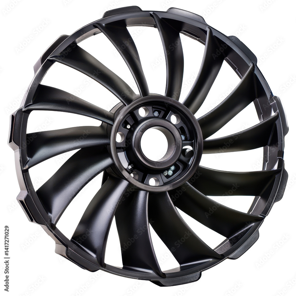 Poster detailed view of black turbine wheel featuring multiple blades, designed for high performance and ef