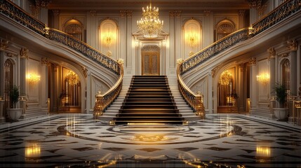 Obraz premium Elegant grand foyer with sweeping staircase and opulent chandelier highlighting luxurious interior design