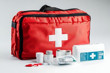 Red first aid kit with medical supplies, including bottles, bandages, and gauze, on a white background