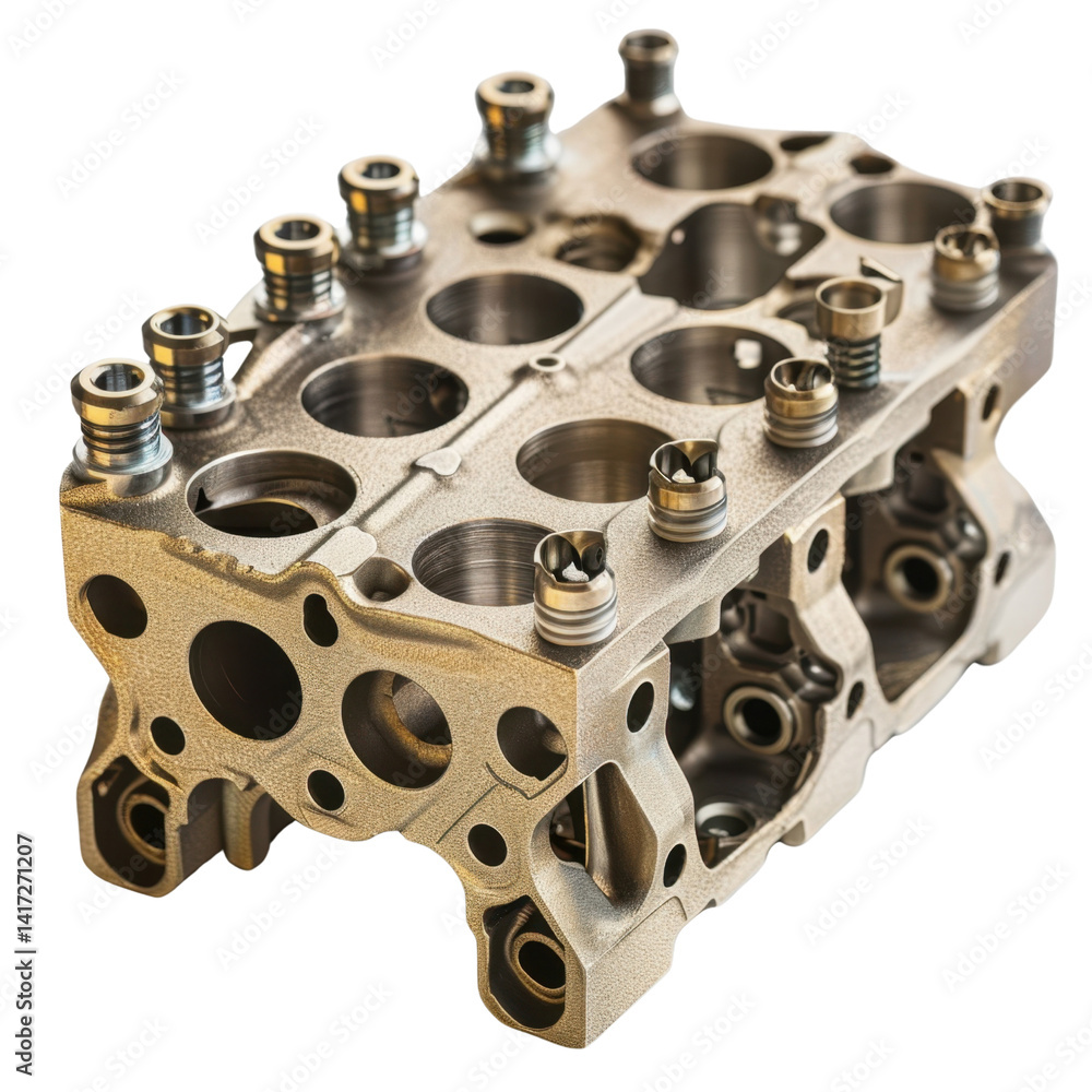Poster detailed engine component showcasing precision engineering, this metallic engine cylinder head featu