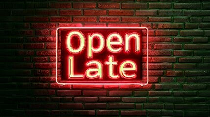 Open late neon sign on brick wall for nightlife advertising