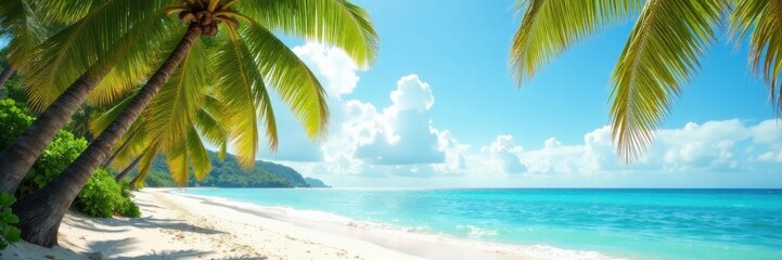Palm trees sway in the warm ocean breeze on a sandy beach, film grain, natural light, vintage aesthetic