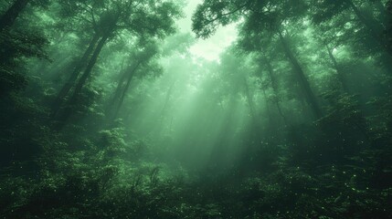 Fototapeta premium Mysterious forest shrouded in mist with ethereal light rays filtering through dense green foliage, creating a tranquil and magical atmosphere