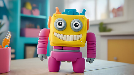 Playful Robot Character Made From Colorful Plasticine On a Wooden Surface