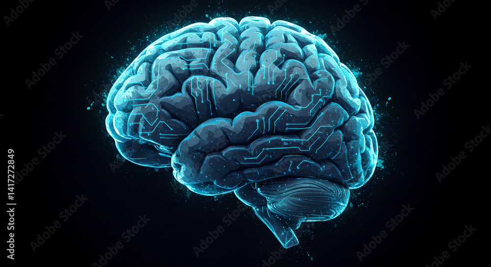 Poster blue brain model with integrated circuit lines and glowing particles, symbolizing artificial intelli