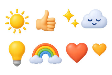 Vibrant 3d emoji icon set featuring sun, thumbs up, stars, cloud, bulb, rainbow, and heart