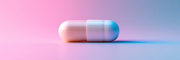Minimalist pill capsule on pastel gradient background healthcare and pharmaceutical concept with clean lines copy space for text medical treatment pharmacy and prescription