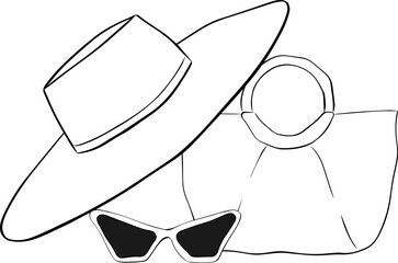 Beach tote bag, beach hat, sunglasses composition, Vector graphic line ink illustration for advertising, promote, poster, beach party invitation, backdrop, ad, sale promotion, print for t-shirt