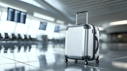 Stylish Silver Luggage with Wheels in a Contemporary Airport Terminal with Reflective Floor and Digital Displays