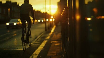 Cyclist Riding Bike on Sunset Path in Blurred Urban Landscape