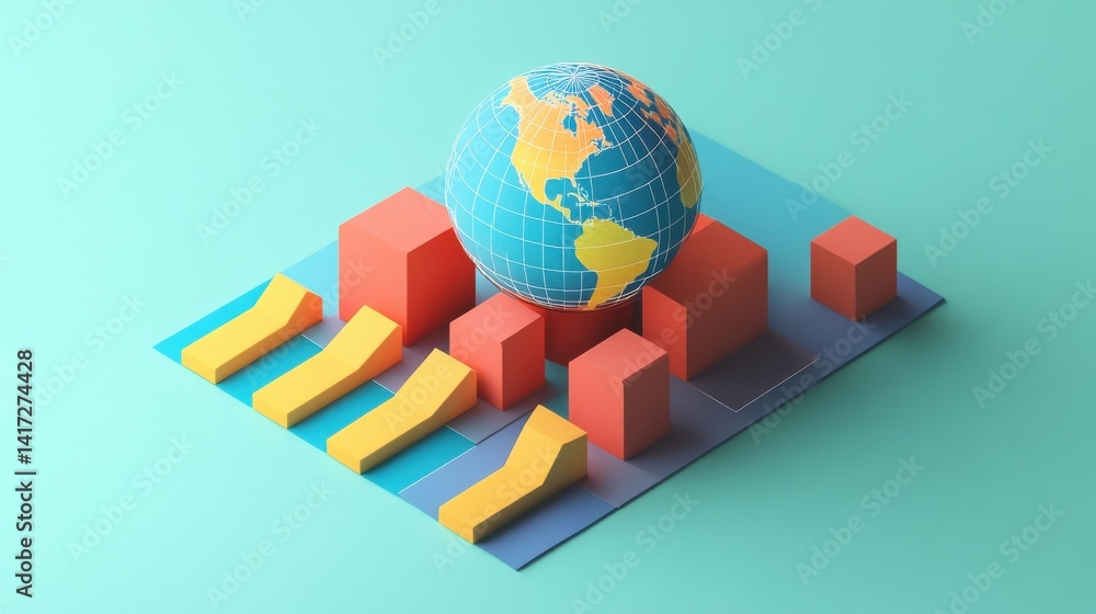 Poster globe resting on a colorful statistics chart, representing global data analysis and geographic insig