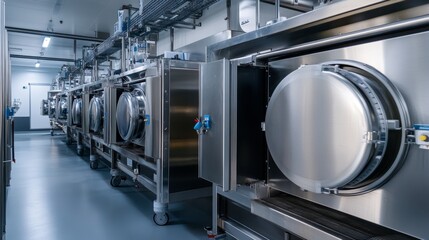 Modern medical sterilization: gleaming autoclaves in a sterile environment high tech equipment healthcare facility with advanced technology for hygiene and infection control