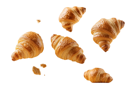 Freshly baked croissants in mid air image perfect for gourmet food promotions and pastry branding projects
