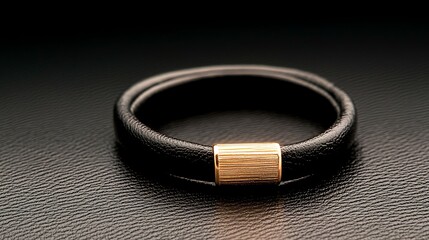 Black double-wrapped leather bracelet with a gold cylindrical clasp against a textured black background