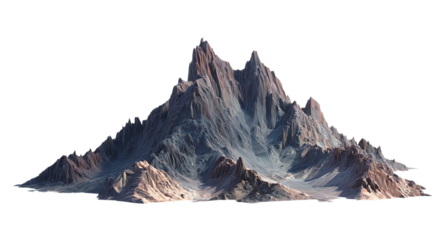 Majestic snow capped mountain peak, isolated on black background.