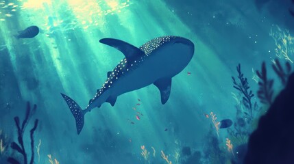 Fototapeta premium Captivating Underwater World: Gentle Whale Shark Amidst Sunlit Ocean Depths