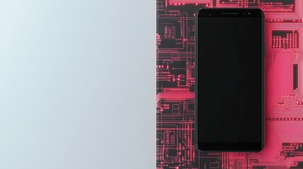 Black smartphone on a red circuit board background against a grey gradient backdrop