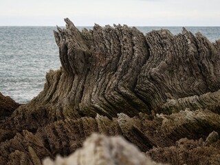 Rocky rugged coastline shore geologic layered stone rock formations, Pacific Ocean coast of...