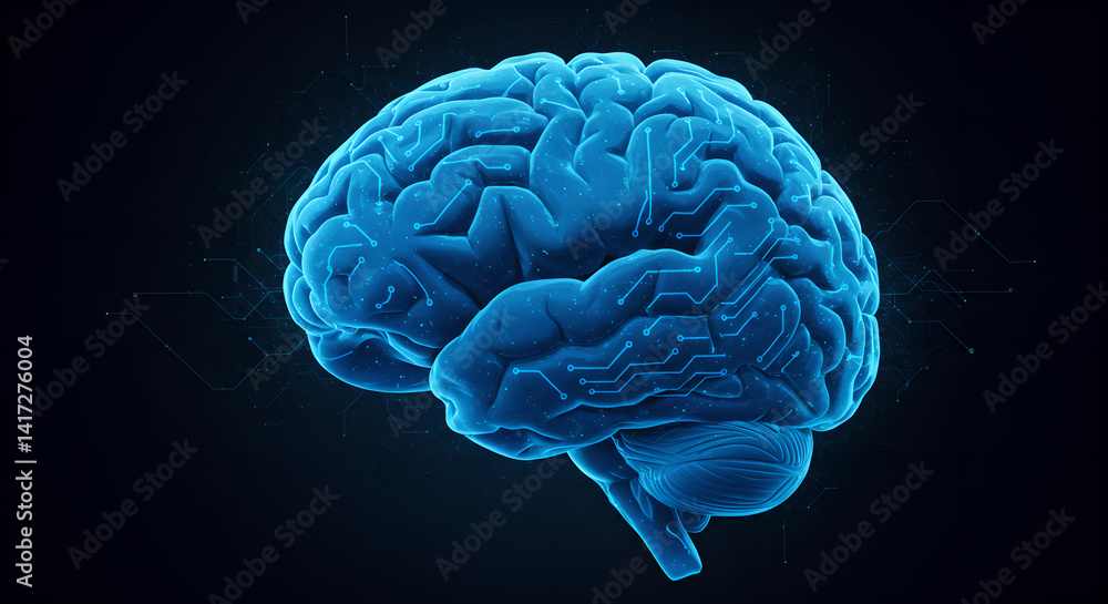 Poster abstract blue digital brain with glowing network lines. futuristic artificial intelligence and think