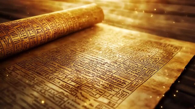 Ancient scroll, unrolled papyrus with hieroglyphs, old document, vintage paper, manuscript, esoteric writings, magic ritual, arcane