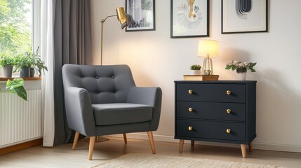 Dark gray upholstered armchair and dark navy chest of drawers in a modern living room.