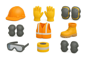 Essential construction safety icons set in 3d style for personal protective equipment