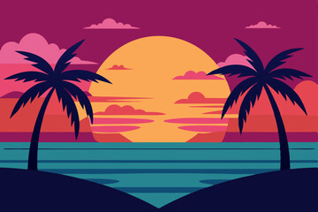 Fototapeta premium Beautiful Anime Beach Sunset with Silhouette of Palm Trees Vector Illustration Background