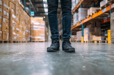 Warehouse Worker Stands on Concrete Floor Amidst Cardboard Boxes and Racks, Industrial Logistics and Inventory Management, Efficient Storage Solutions