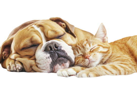 Bulldog and orange tabby cat sleeping peacefully isolated on white background for pet lovers imagery