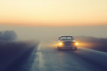 Vintage car drives through foggy countryside at dawn along a quiet road