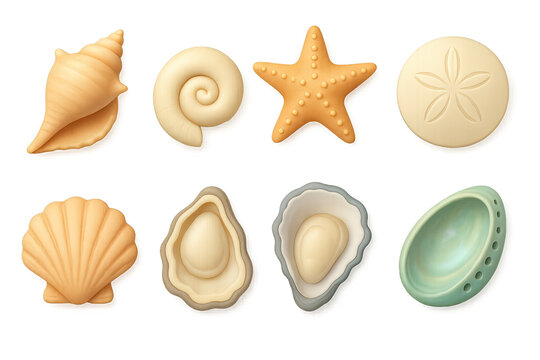 Realistic 3d seashell icons set: starfish, conch, pearl oyster, sand dollar, abalone