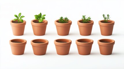 Obraz premium Set of empty small miniature clay flower pots isolated on white background