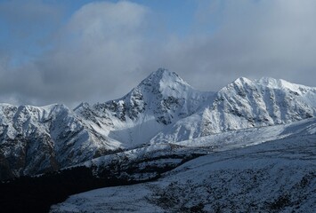 Snow covered alpine winter mountain Southern Alps landscape at Luxmore Hut Kepler Track Lake Te Anau Southland South Island New Zealand