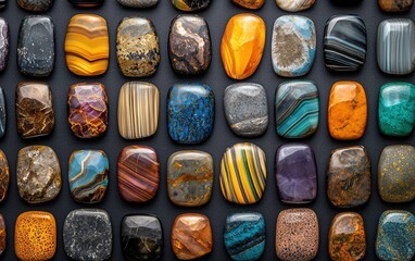 Colorful Collection of Unique Polished Stones and Gemstones Display