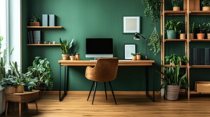 Fototapeta premium Modern home office with lush greenery