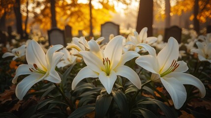 Fototapeta premium White lilies bloom in autumn cemetery