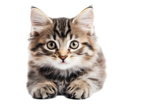 Fluffy Ragdoll kitty cat sitting calmly isolated on white background for peaceful animal inspired artwork