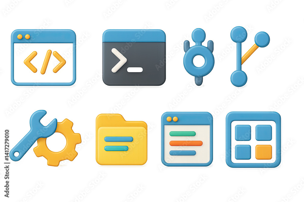 Aufkleber futuristic technology icons set: 3d neon glow style for development and ui design