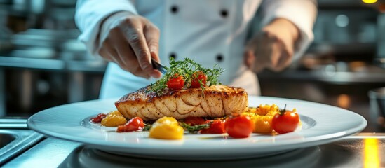 Chef plating salmon dish with garnish, restaurant kitchen background