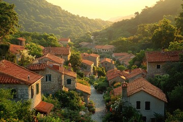 Fototapeta premium Charming village nestled in valley at golden hour