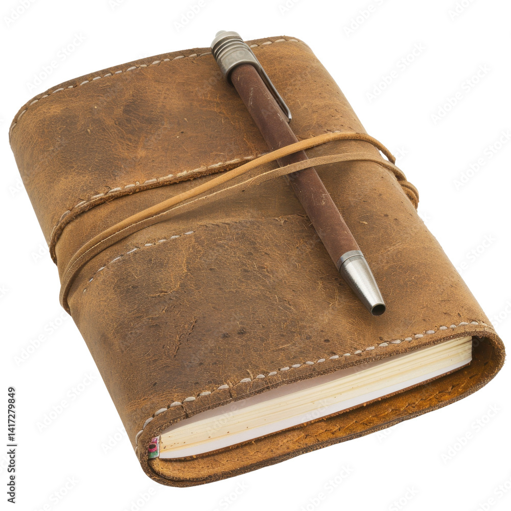 Poster vintage leather notebook with pen resting on top, showcasing its rustic charm and craftsmanship. not