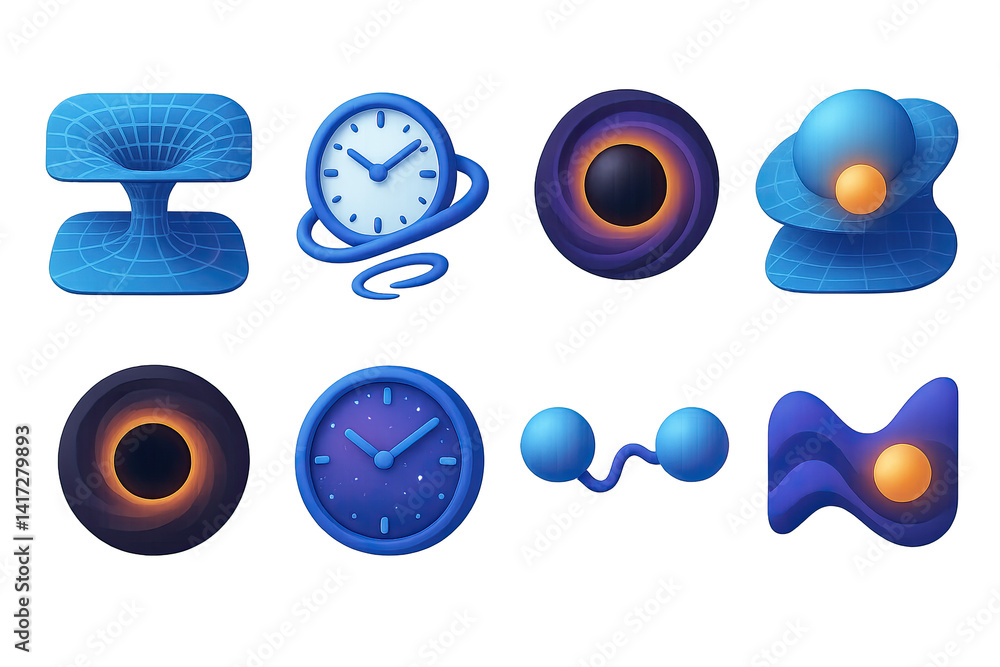 Poster futuristic warp and time icon set - 3d style with abstract elements