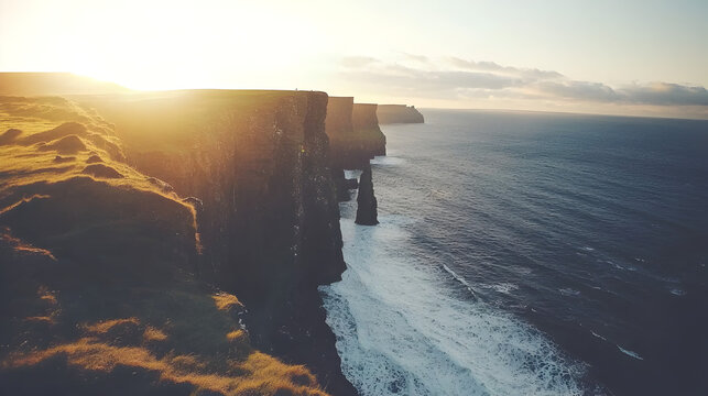 coastal cliff overlooking the ocean at sunrise, with waves crashing against the rocky shore 
