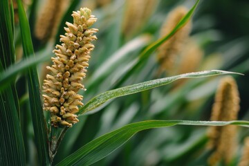 Golden corn plant with vibrant green leaves during early morning light