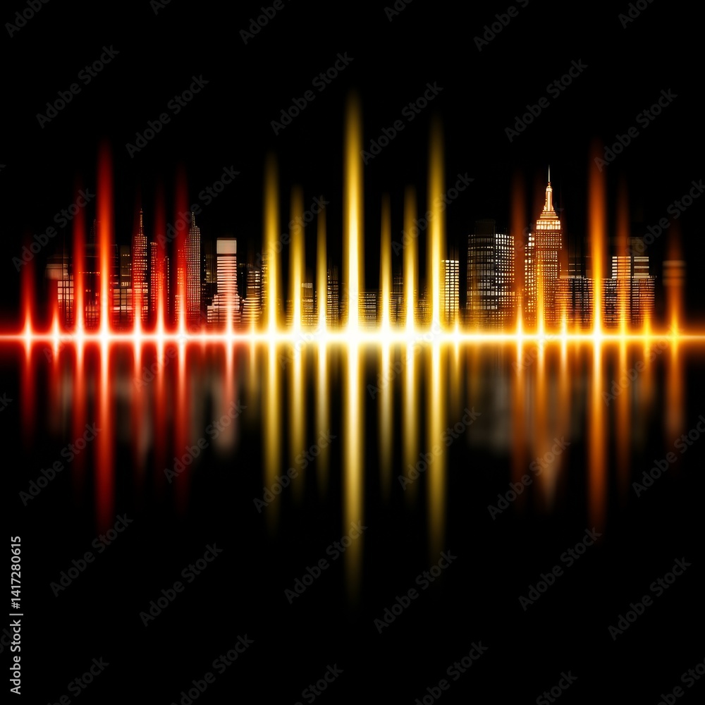 Poster abstract cityscape: pulsating lights reflecting on the dark horizon of a modern metropolis at night