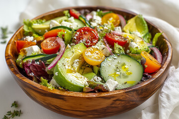 Fresh vegetable salad with colorful ingredients served in a wooden bowl on a white tablecloth