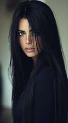 Fototapeta premium Elegant Portrait of a Woman with Long Black Hair and Natural Look