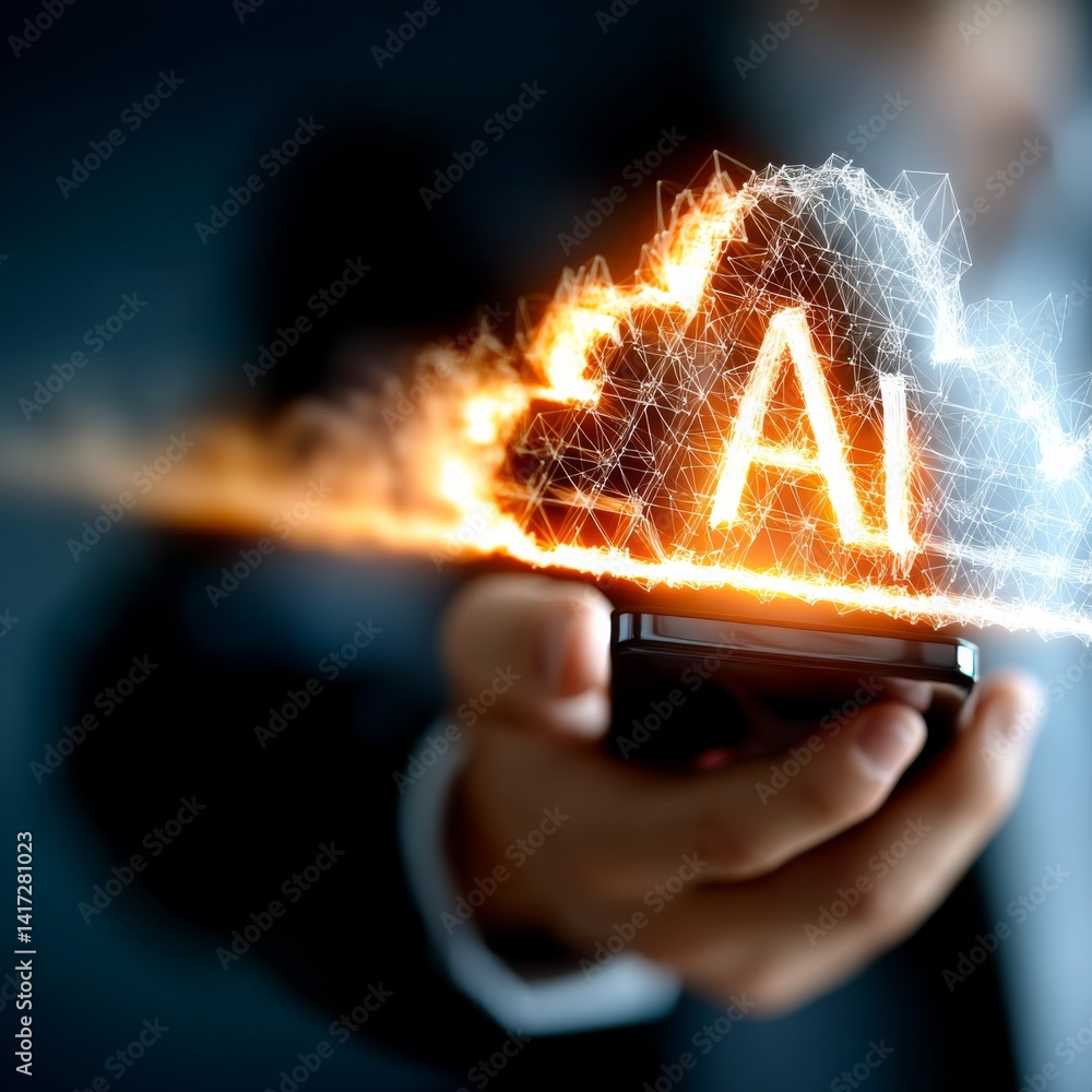 Poster AI-Powered Cloud Computing on Mobile: Man Holding Phone Displaying Artificial Intelligence Concept with Glowing Network