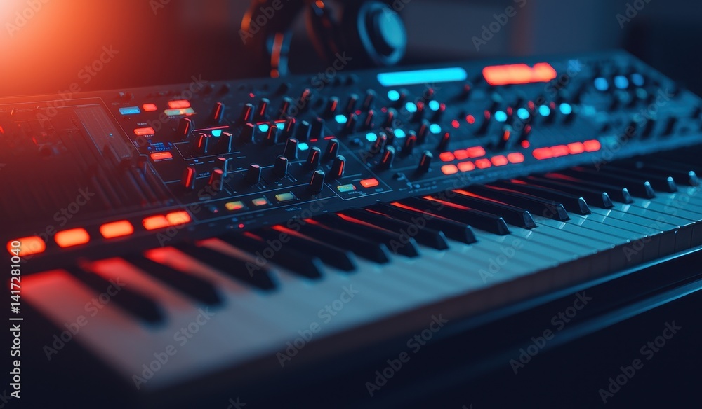 Poster synthesizer keyboard with colorful controls and neon lights