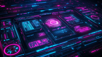 Obraz premium Futuristic holographic UI display with neon pink & cyan glow, floating tech elements, digital grid lines, and cybernetic texture in ultra HD. Perfect for sci-fi, tech, and cyberpunk themes.